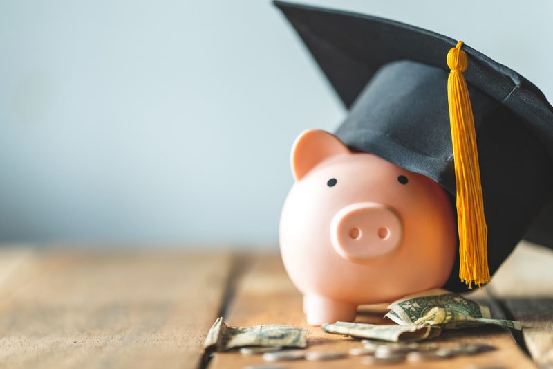 Piggy bank wearing graduation cap - scholarship concept
